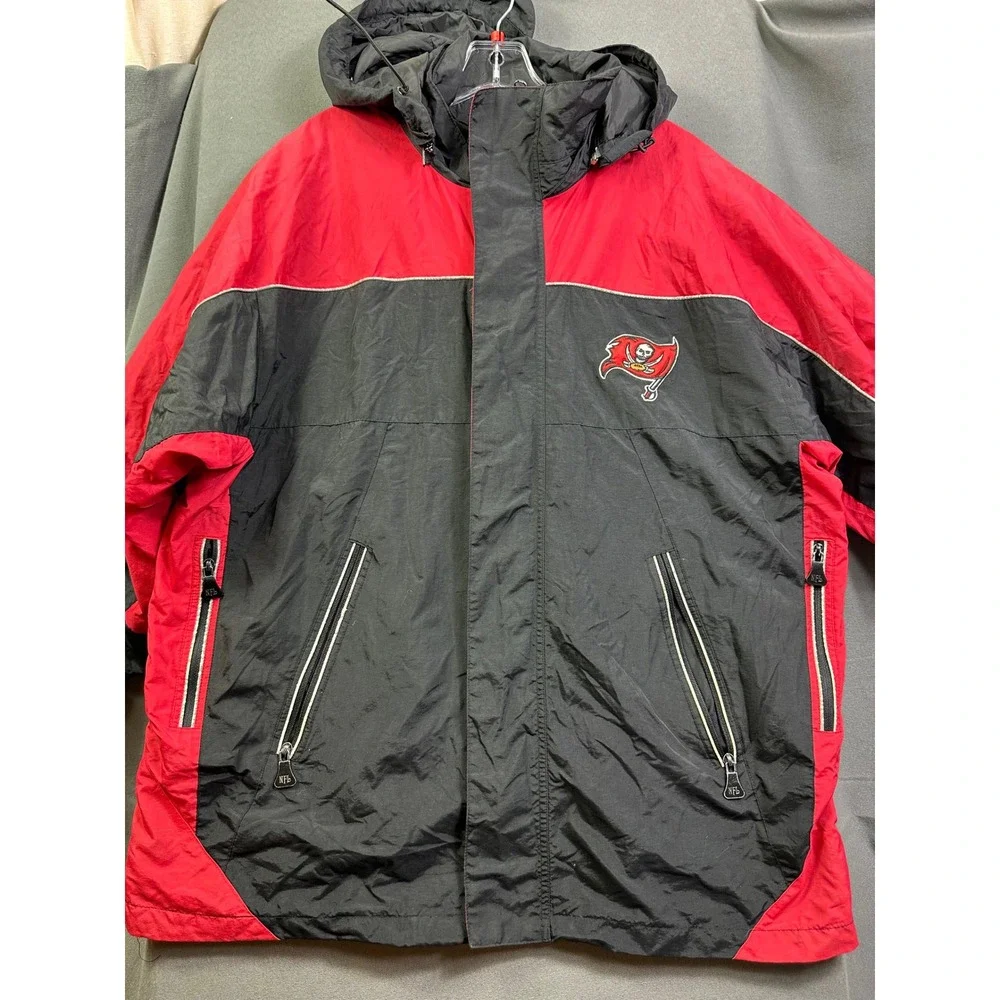 NFL Tampa Bay Buccaneers Hooded Jacket Red Black Colorblock Men Medium Full Zip